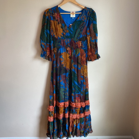 Anthropologie Farm Rio Blue puff sleeve maxi dress size XS - Picture 9 of 16